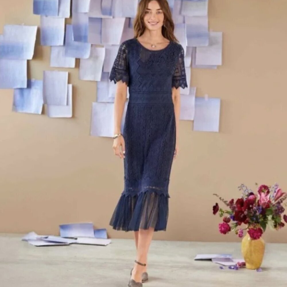 New Sundance Midnight Gallery Navy‎ Lace Midi Dress